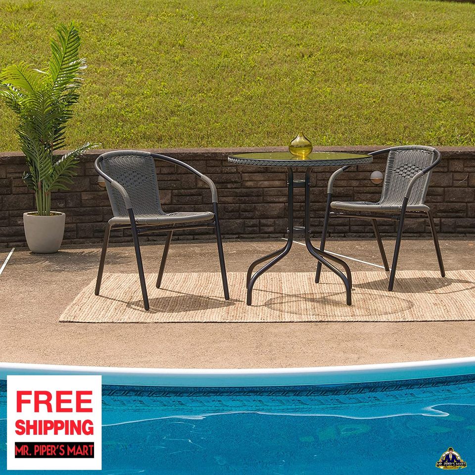 Round Tempered Glass Metal Table with Gray Rattan Edging 28''