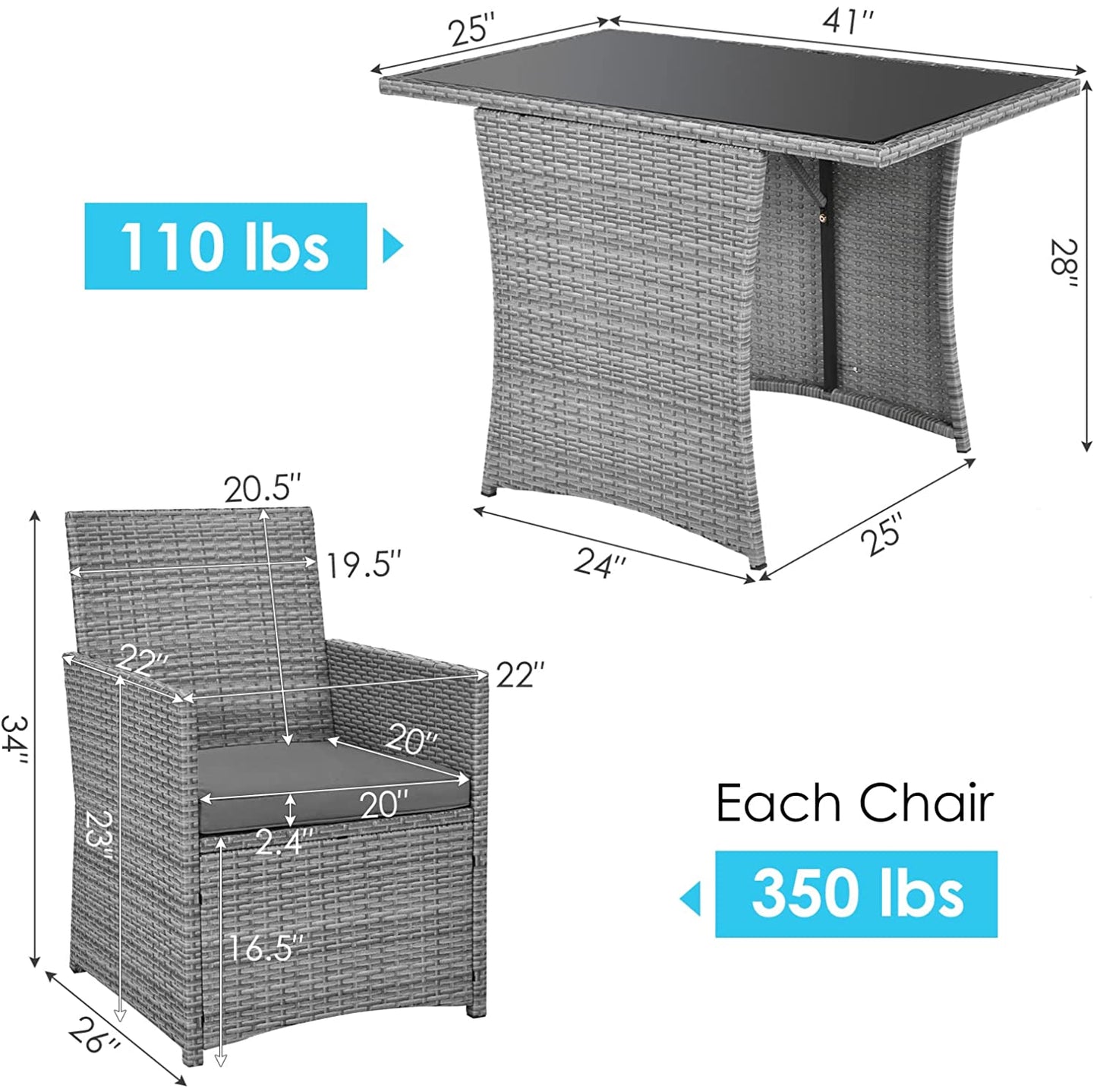 Patio Dining Rattan Bistro Set with Tempered Glass Top Table and Cushioned Chairs 3 Pieces (Gray)
