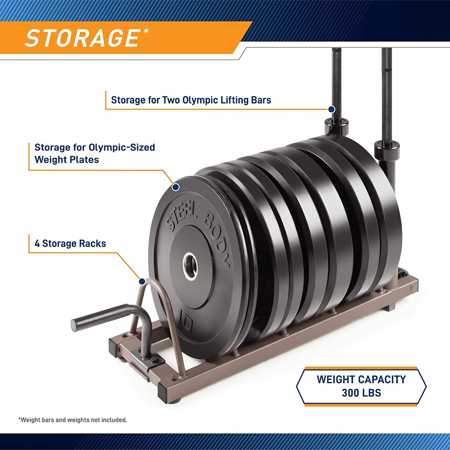 Horizontal Plate and Olympic Bar Rack Organizer with Steel Frame and Transport Wheels