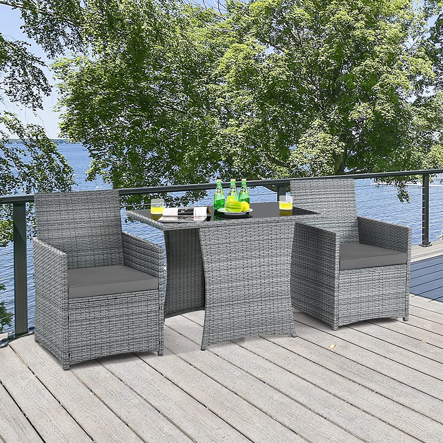 Patio Dining Rattan Bistro Set with Tempered Glass Top Table and Cushioned Chairs 3 Pieces (Gray)