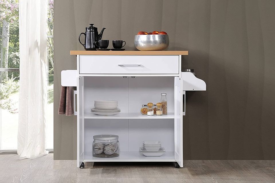 Kitchen Island with Spice Rack, Towel Rack & Drawer, White with Beech Top