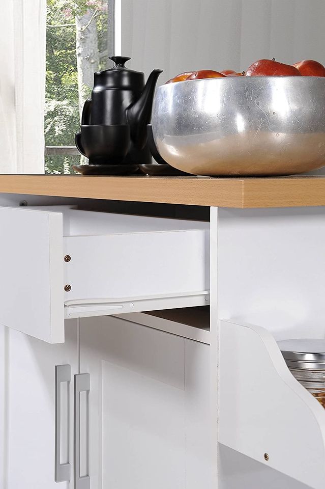 Kitchen Island with Spice Rack, Towel Rack & Drawer, White with Beech Top