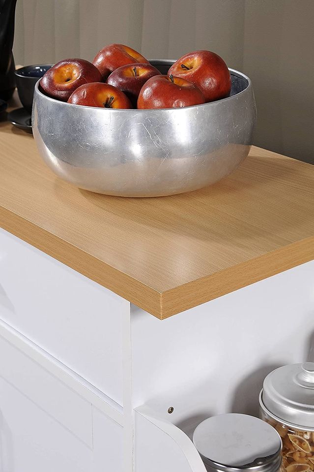 Kitchen Island with Spice Rack, Towel Rack & Drawer, White with Beech Top