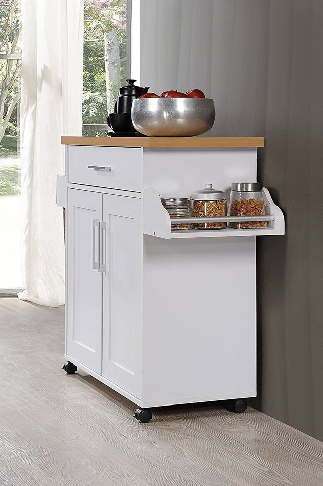 Kitchen Island with Spice Rack, Towel Rack & Drawer, White with Beech Top