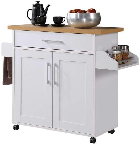 Kitchen Island with Spice Rack, Towel Rack & Drawer, White with Beech Top