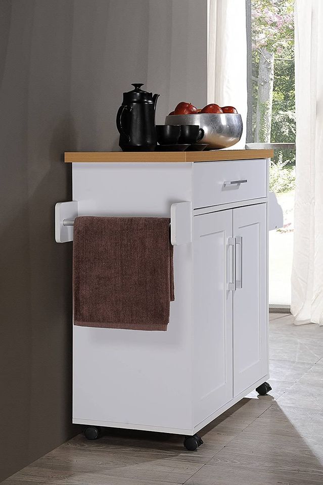 Kitchen Island with Spice Rack, Towel Rack & Drawer, White with Beech Top