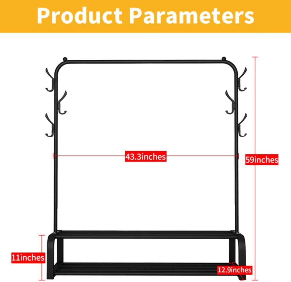 Garment Rack Free-standing Clothes Rack with Top Rod, Lower Storage and 6 Hooks, Black