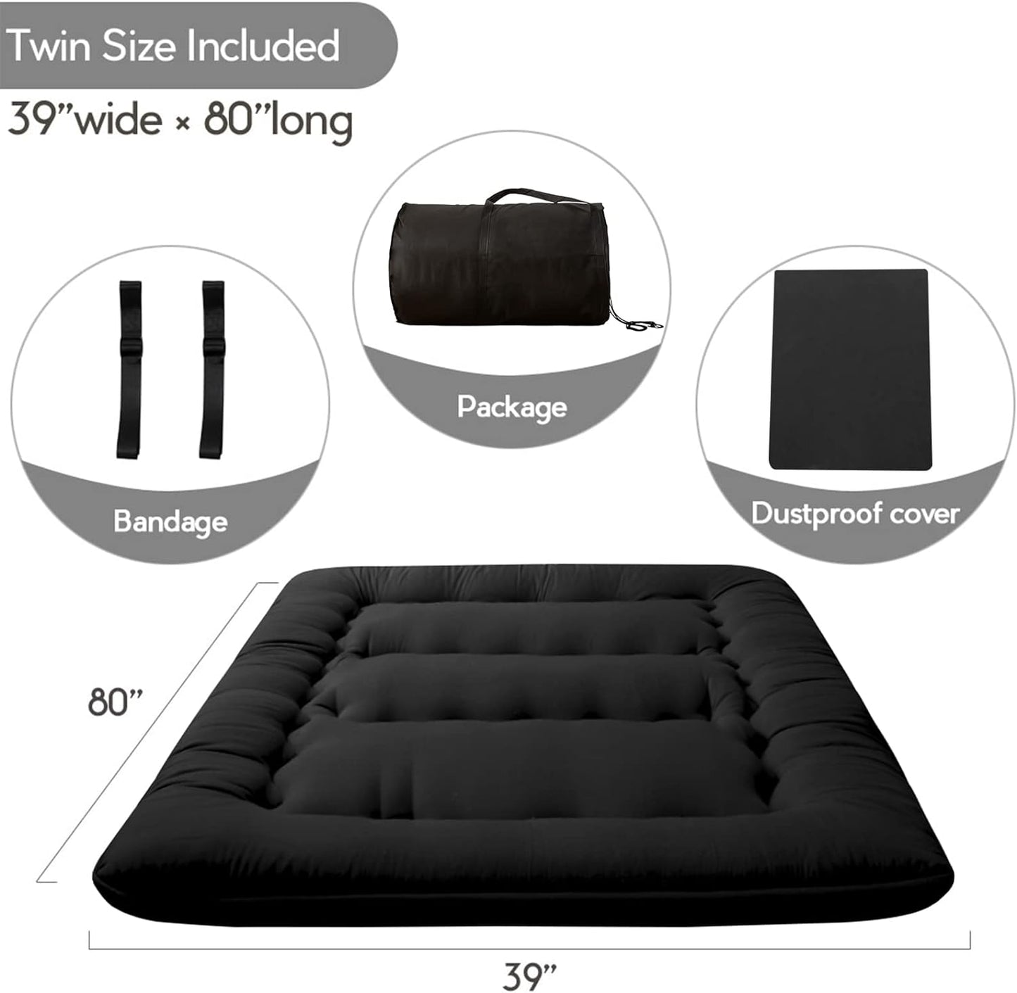 Japanese Floor Mattress Futon 4" Tatami Mat Sleeping Pad Foldable Roll Up Mattress Floor Lounger Pillow Bed, Black, Twin Size