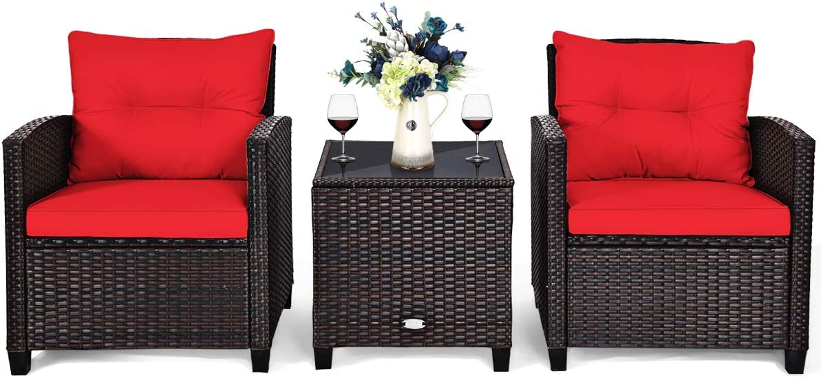 Outdoor Sofa Set w/Washable Cushion and Tempered Glass Tabletop, 3 Pieces (Red)