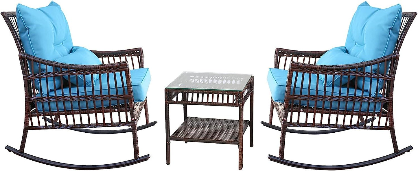 Wicker Rattan Rocking Chairs Patio Conversation Furniture Bistro Set of 3