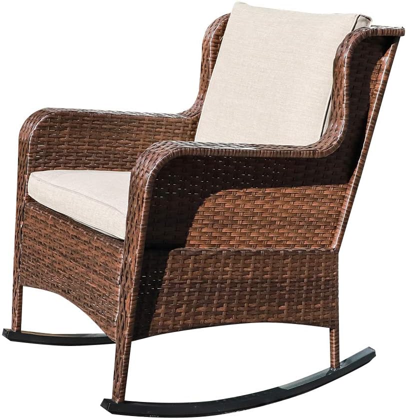 Outdoor Resin Wicker Rocking Chair with Olefin Cushions, Brown Wicker & Beige Cushions