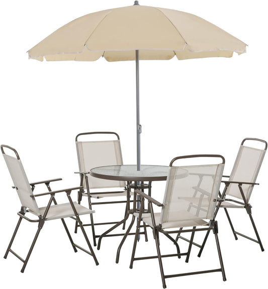 Patio Dining Set Folding Dining Chairs & Round Glass Table for Garden 6 Piece, Beige