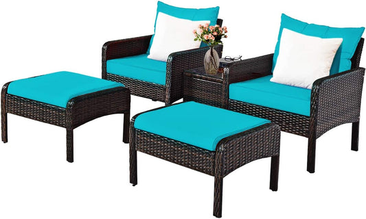 Outdoor Furniture 5 piece Set PE Rattan Wicker Patio All Weather Cushioned Sofas (Turquoise)