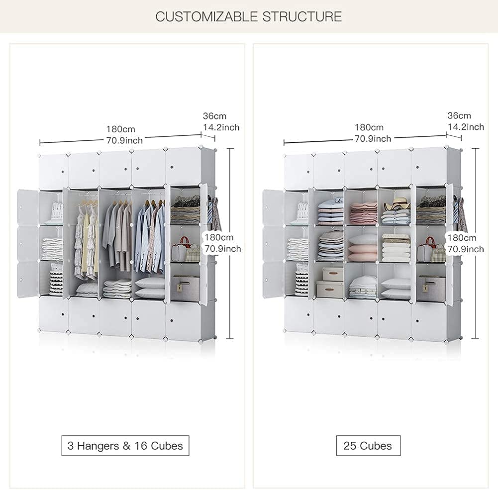 Cube Storage Organizer Portable Closet Wardrobe Bedroom Dresser 25 Cubes, White