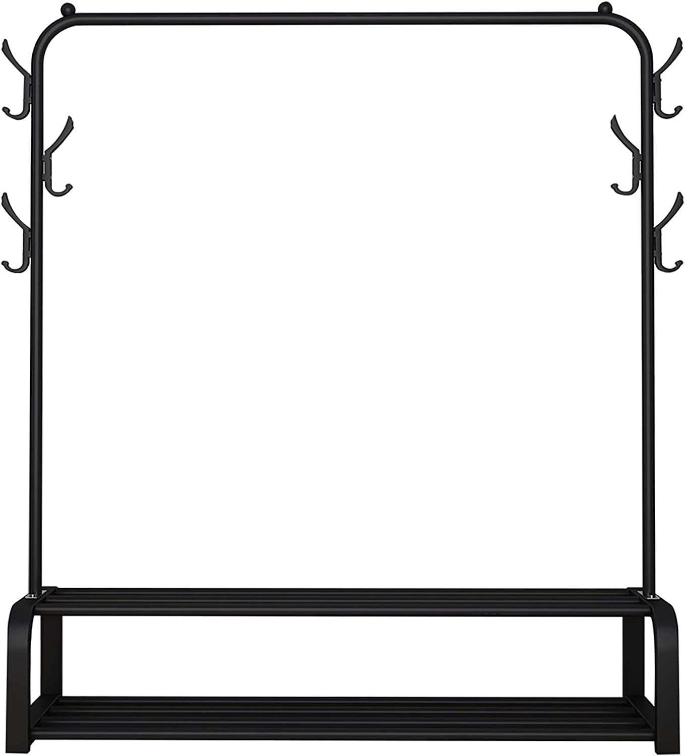 Garment Rack Free-standing Clothes Rack with Top Rod, Lower Storage and 6 Hooks, Black