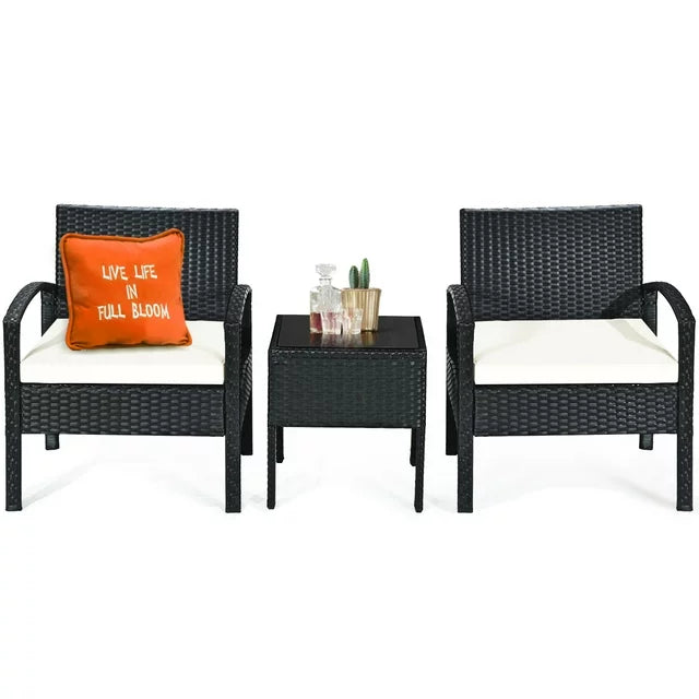 Patio Rattan Furniture Set Table & Chairs Set with Cushions 3PCS