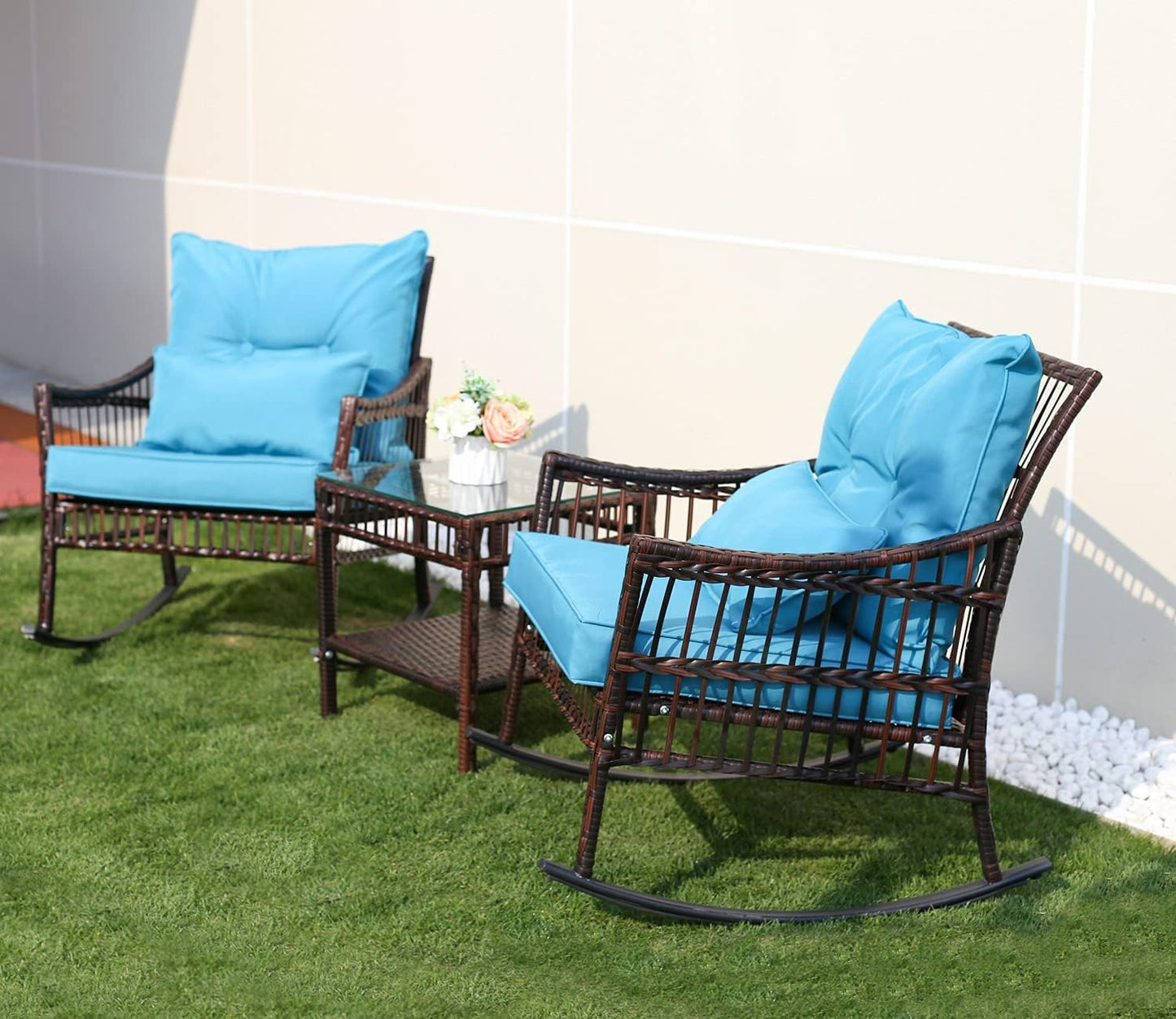 Wicker Rattan Rocking Chairs Patio Conversation Furniture Bistro Set of 3