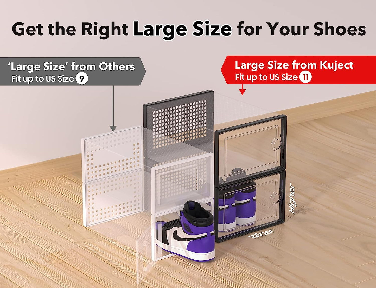 Large Shoe Organizer Storage Boxes for Closet, Fit Size 11, Clear Plastic Stackable Sneaker Containers Bins with Lids