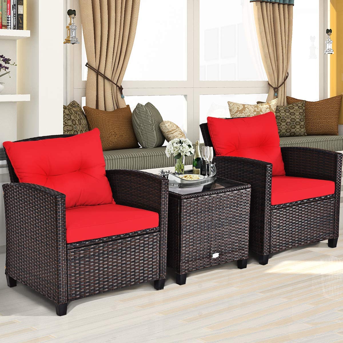 Outdoor Sofa Set w/Washable Cushion and Tempered Glass Tabletop, 3 Pieces (Red)