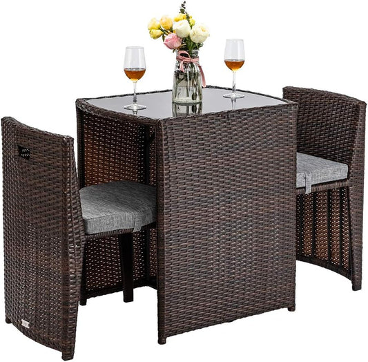 Rattan Wicker Outdoor Patio Set Table and Chairs Dining Set 3 piece Brown