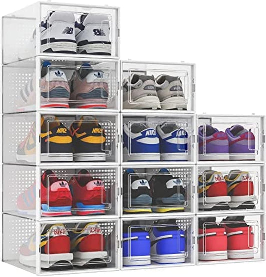 Shoe Storage Boxes, Clear Plastic Stackable Shoe Organizer Bins 12 Pack