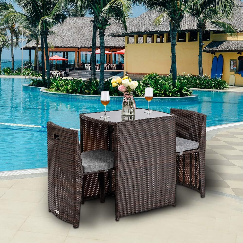 Rattan Wicker Outdoor Patio Set Table and Chairs Dining Set 3 piece Brown