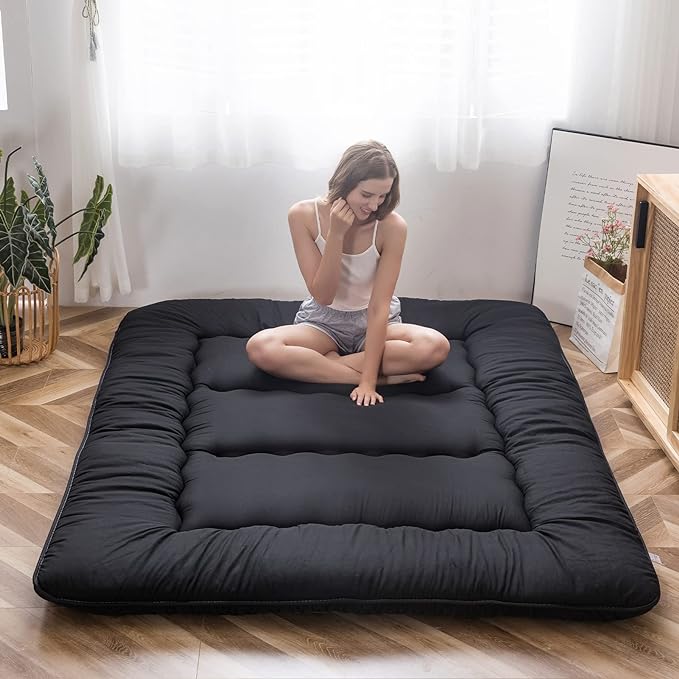 Japanese Floor Mattress Futon 4" Tatami Mat Sleeping Pad Foldable Roll Up Mattress Floor Lounger Pillow Bed, Black, Twin Size