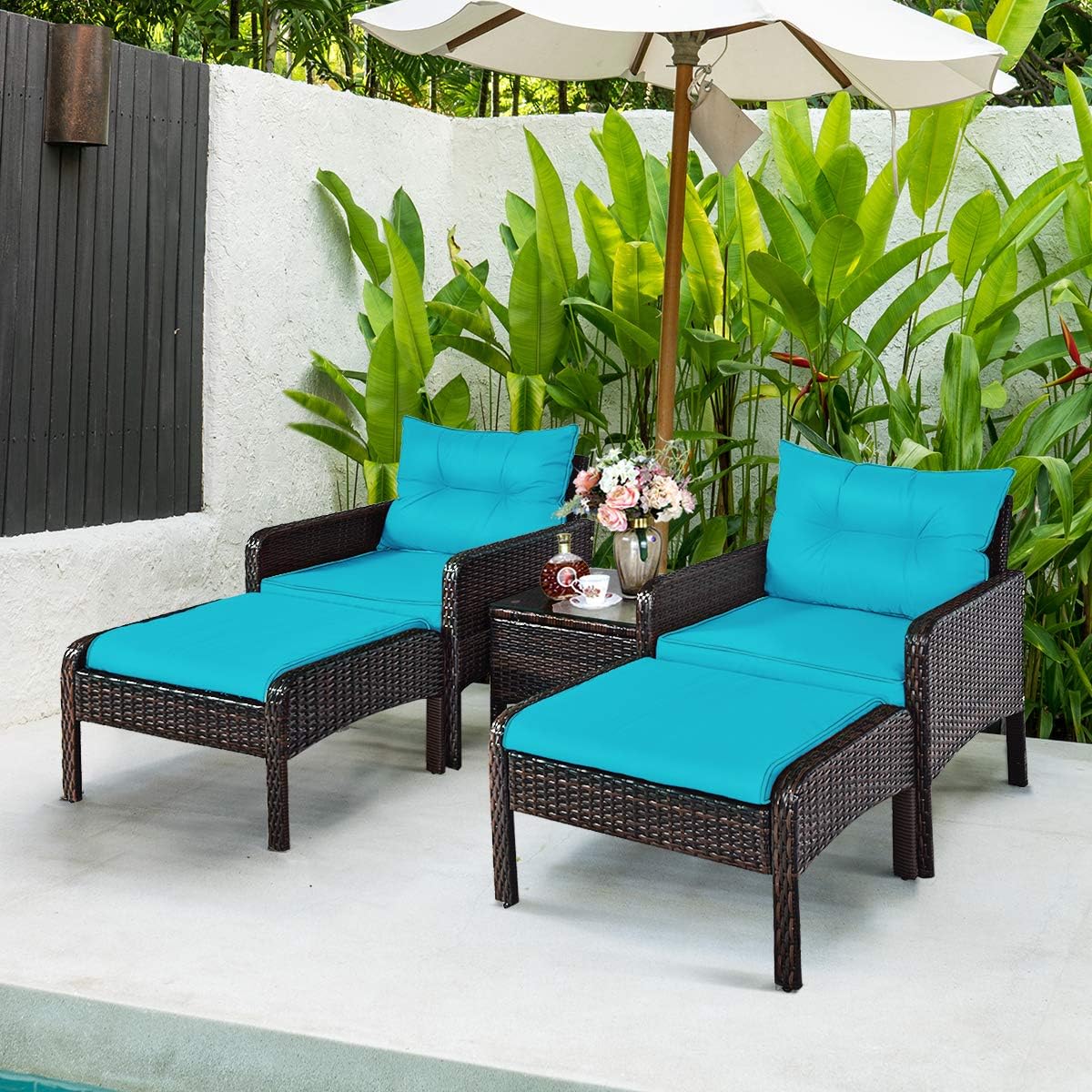 Outdoor Furniture 5 piece Set PE Rattan Wicker Patio All Weather Cushioned Sofas (Turquoise)