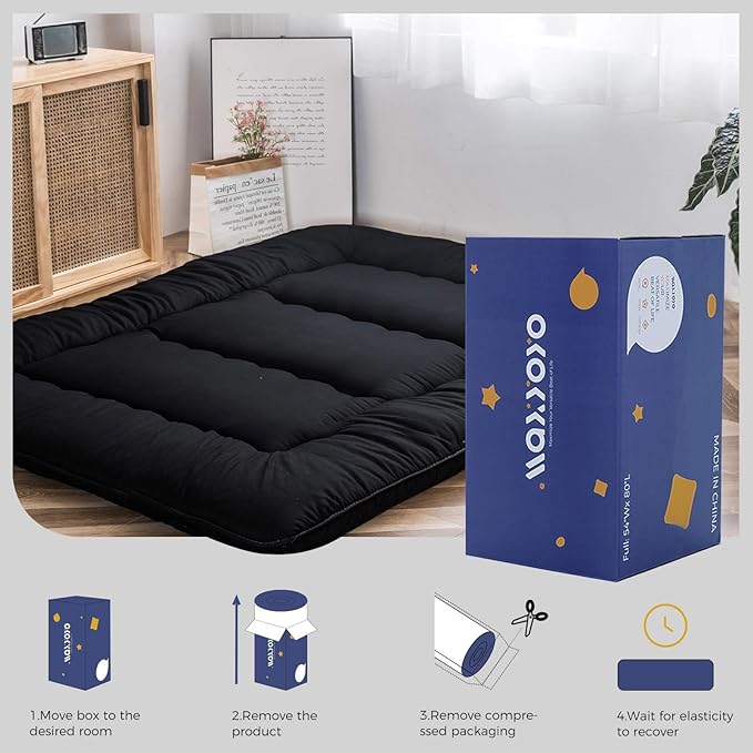 Japanese Floor Mattress Futon 4" Tatami Mat Sleeping Pad Foldable Roll Up Mattress Floor Lounger Pillow Bed, Black, Twin Size