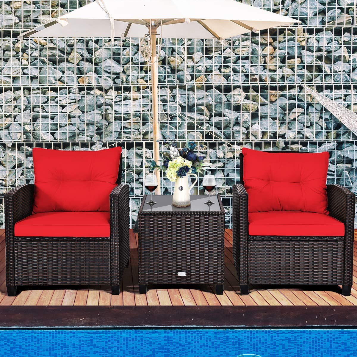 Outdoor Sofa Set w/Washable Cushion and Tempered Glass Tabletop, 3 Pieces (Red)