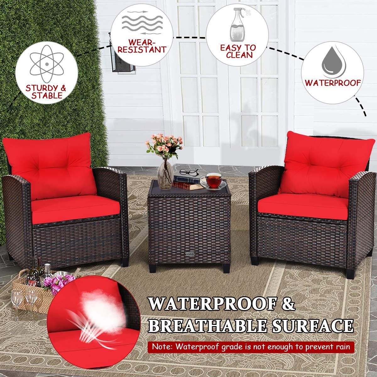 Outdoor Sofa Set w/Washable Cushion and Tempered Glass Tabletop, 3 Pieces (Red)