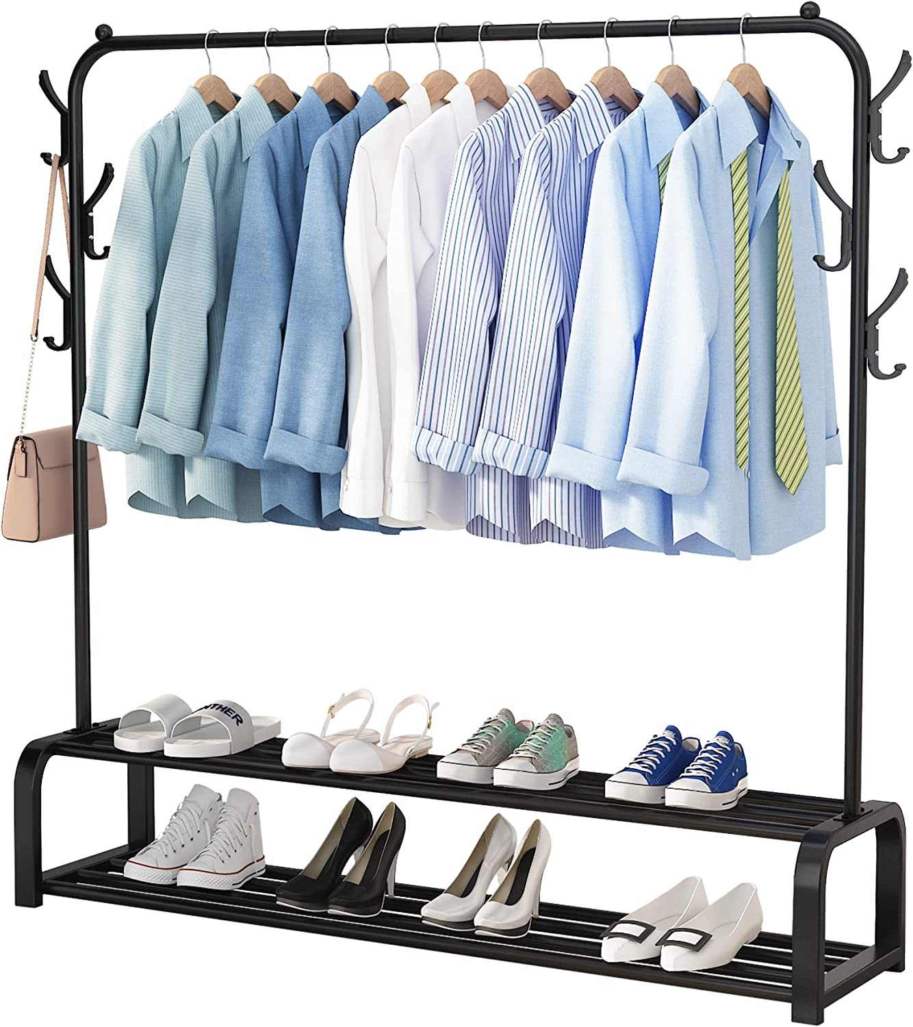 Garment Rack Free-standing Clothes Rack with Top Rod, Lower Storage and 6 Hooks, Black