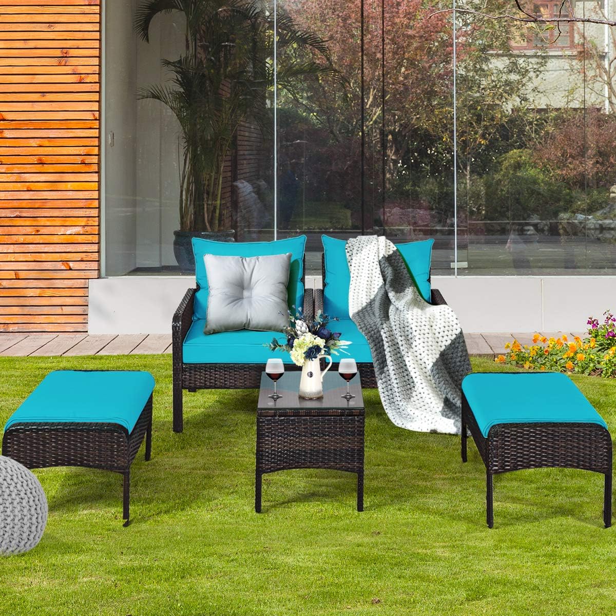 Outdoor Furniture 5 piece Set PE Rattan Wicker Patio All Weather Cushioned Sofas (Turquoise)