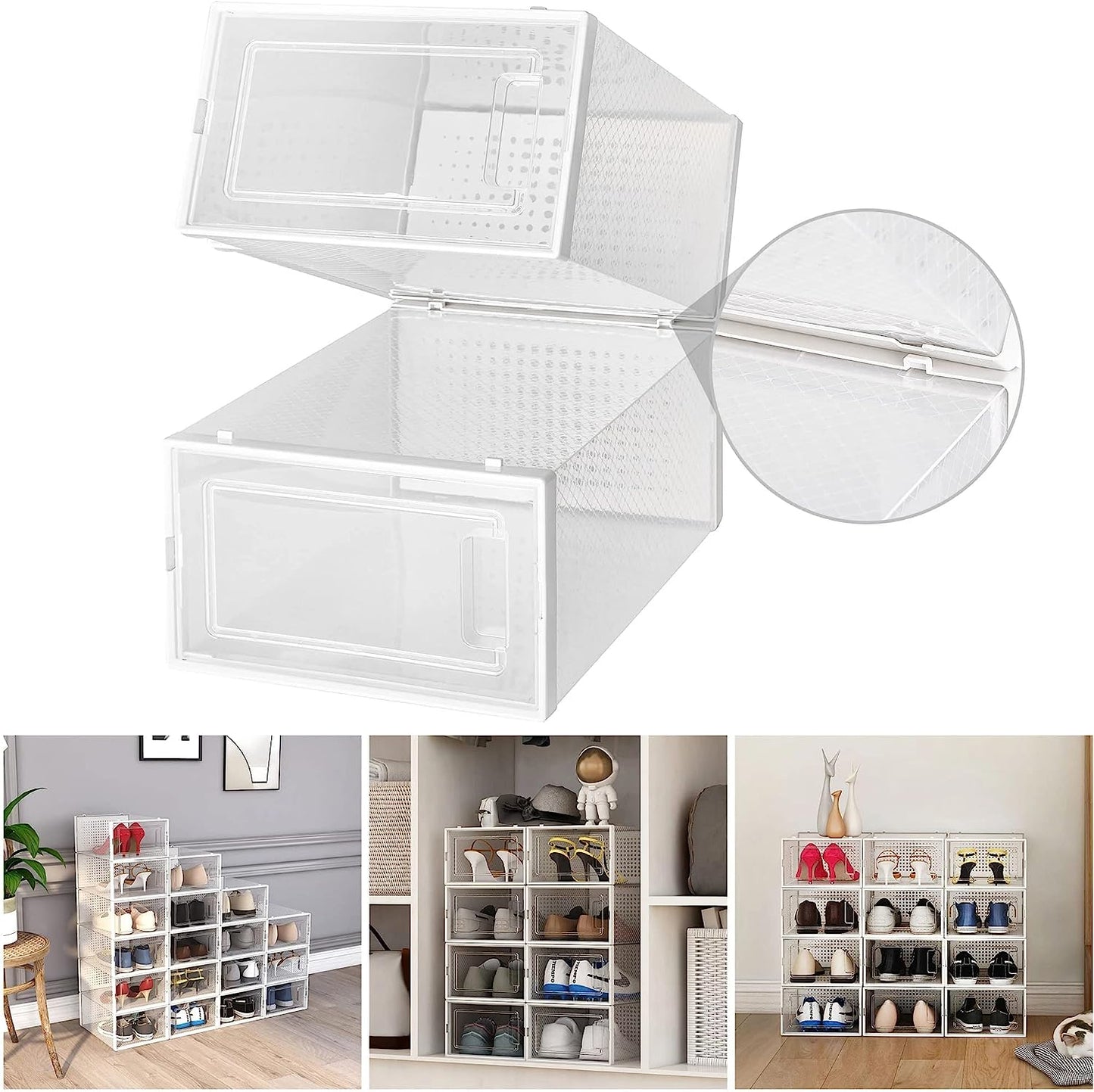 Shoe Storage Boxes, Clear Plastic Stackable Shoe Organizer Bins 12 Pack