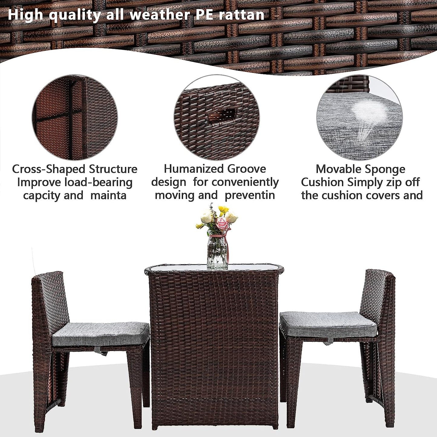 Rattan Wicker Outdoor Patio Set Table and Chairs Dining Set 3 piece Brown