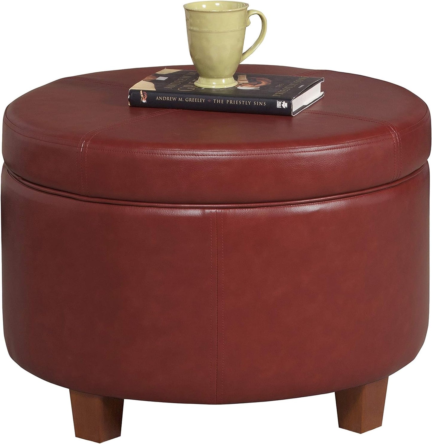 Round Leatherette Storage Ottoman with Lid, Cinnamon Red