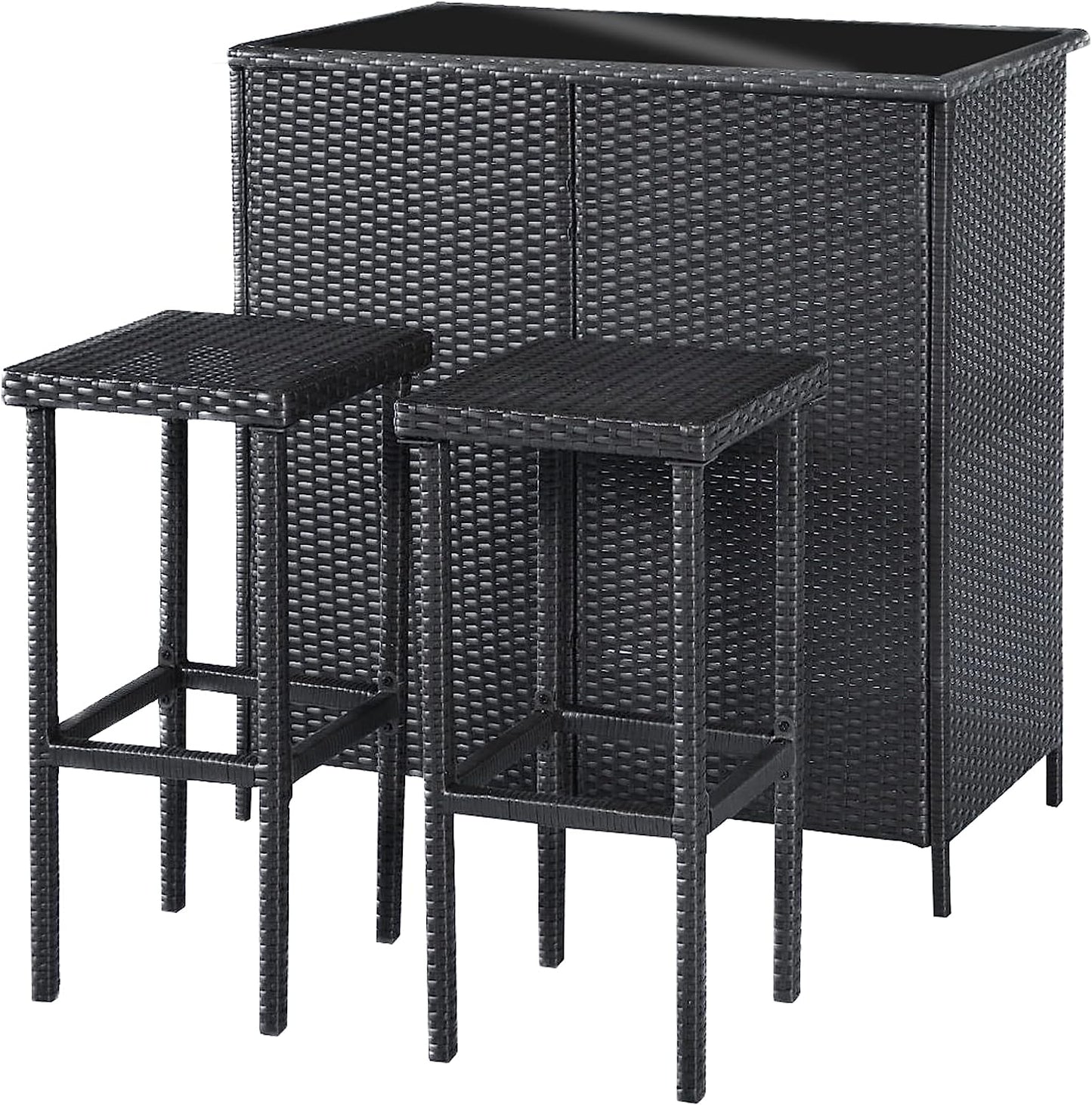 Patio Bar Set Wicker Outdoor Table and 2 Stools, 3 Piece Patio Furniture with Storage