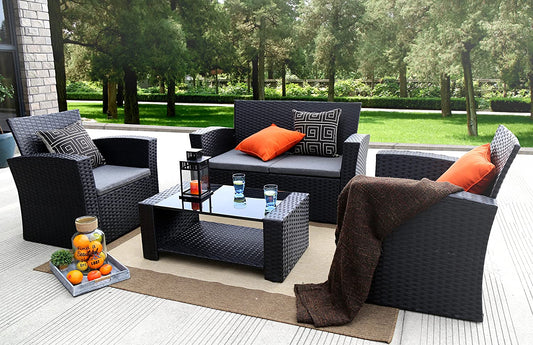 4 Pieces Outdoor Furniture Complete Patio Cushion Wicker PE Rattan Garden Set Black