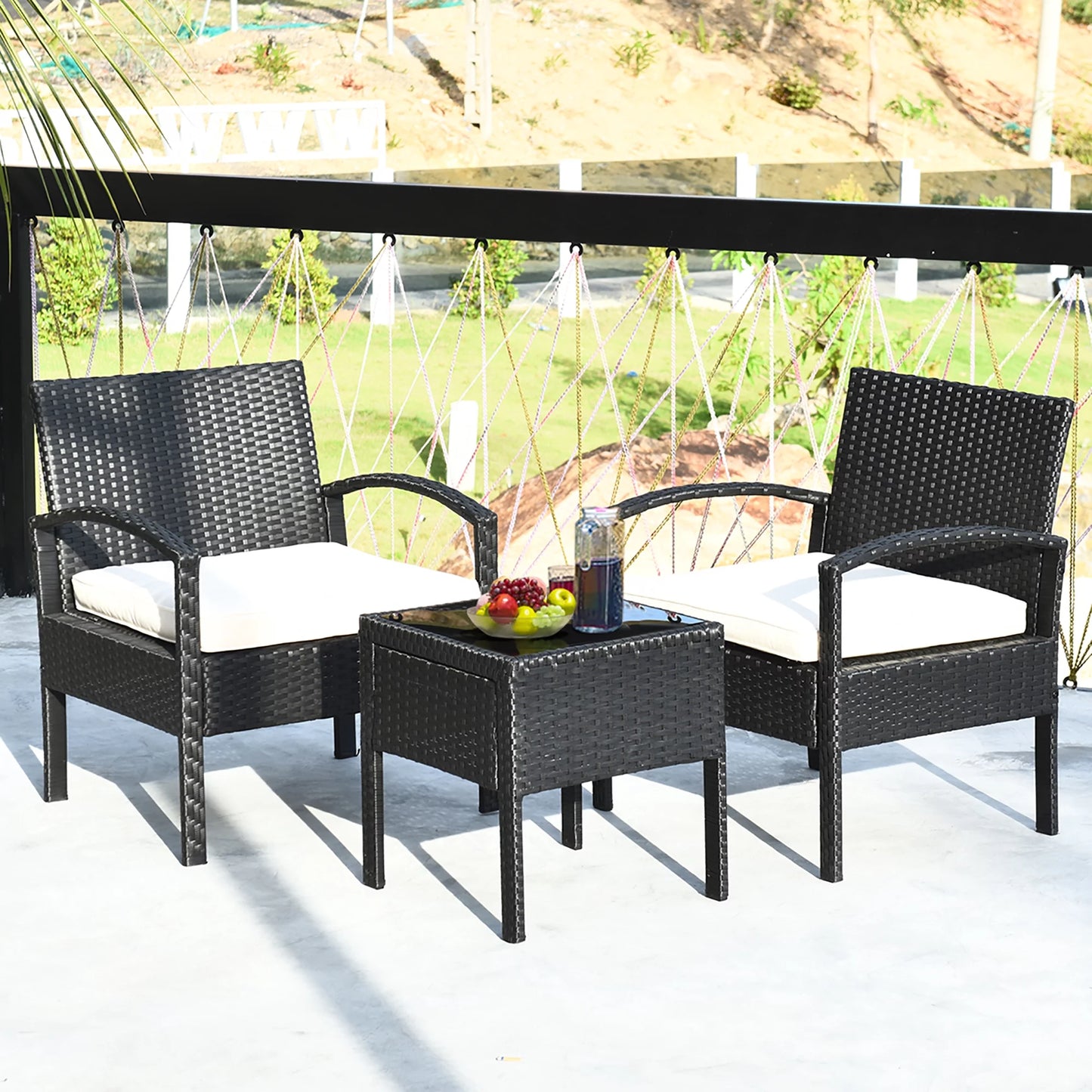 Patio Rattan Furniture Set Table & Chairs Set with Cushions 3PCS