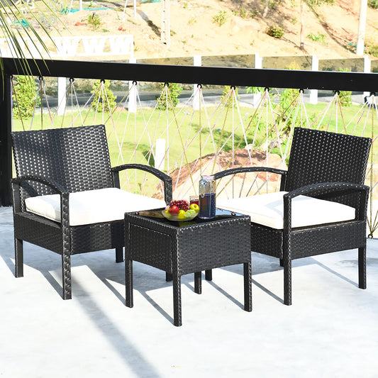 Patio Rattan Furniture Set Table & Chairs Set with Cushions 3PCS