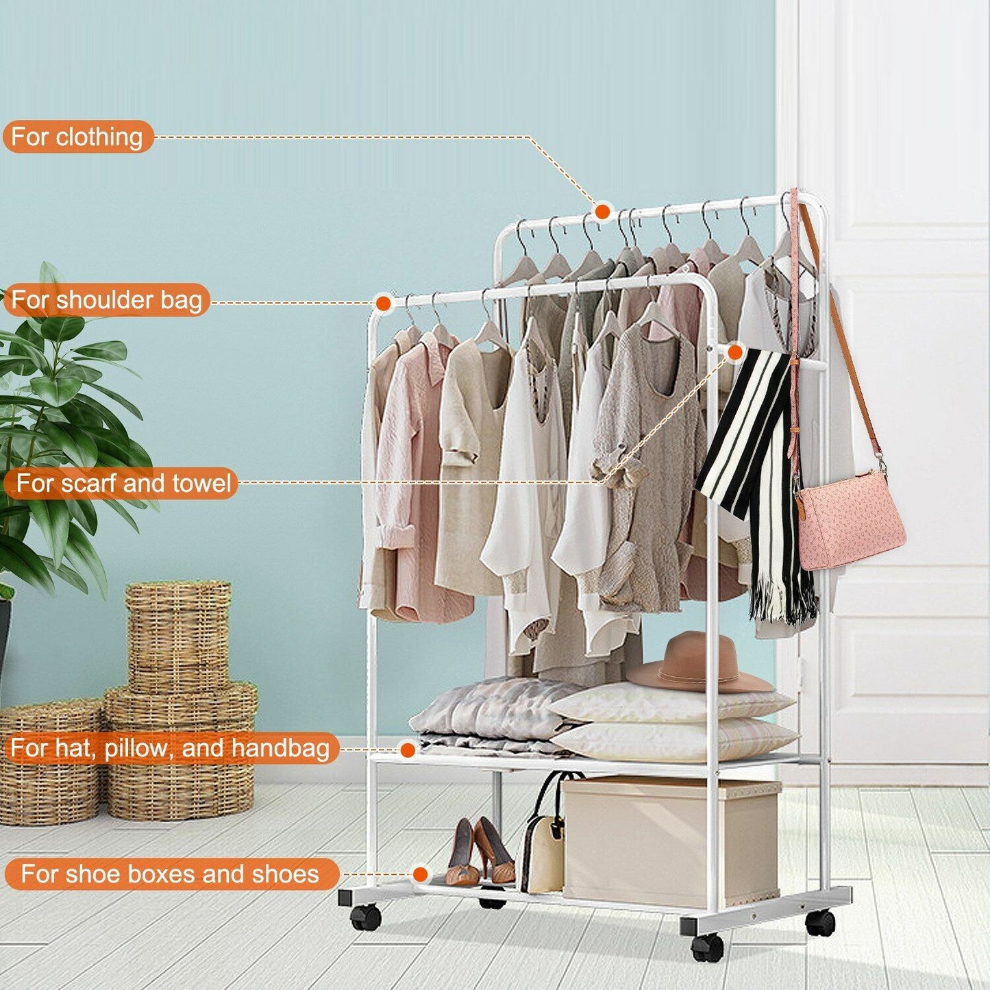 Garment Clothing Rack Double Rails Hanging Shelf Closet Storage w/Rolling Wheel