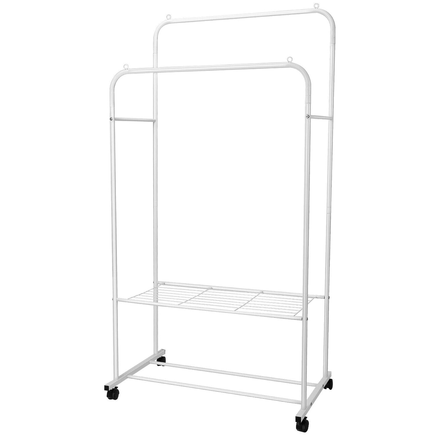 Garment Clothing Rack Double Rails Hanging Shelf Closet Storage w/Rolling Wheel