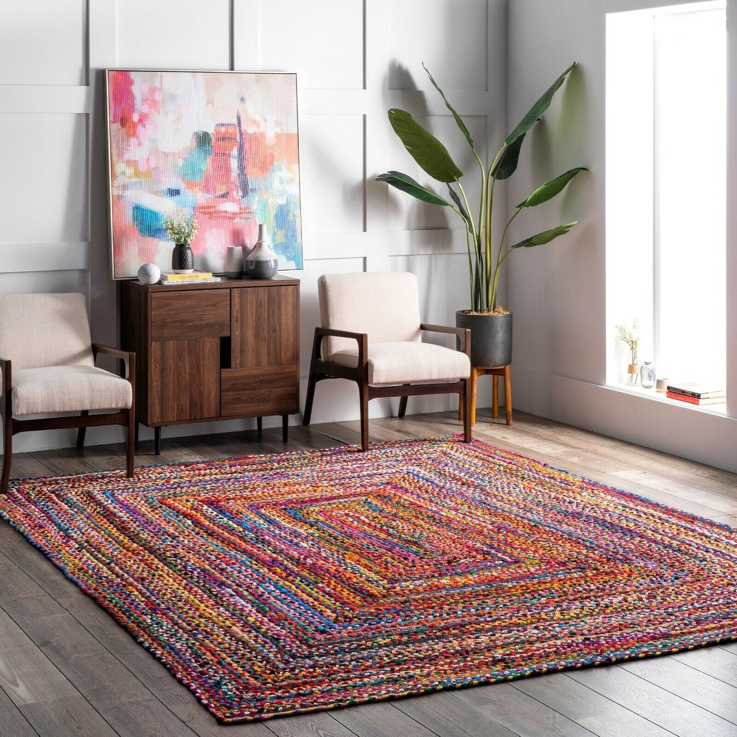 HAND MADE BOHEMIAN BRAIDED COTTON AREA RUG IN MULTI-COLOR CHINDI