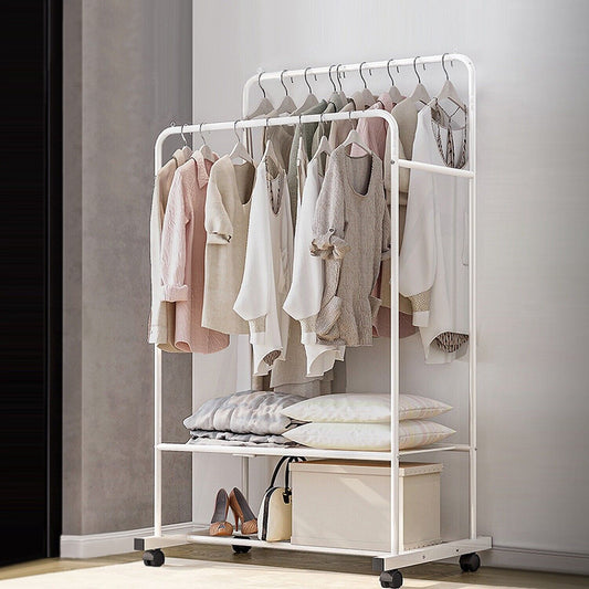 Garment Clothing Rack Double Rails Hanging Shelf Closet Storage w/Rolling Wheel