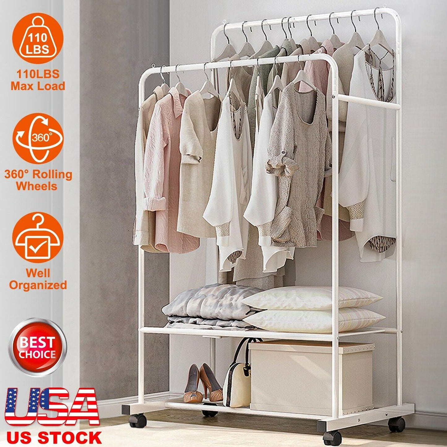 Garment Clothing Rack Double Rails Hanging Shelf Closet Storage w/Rolling Wheel