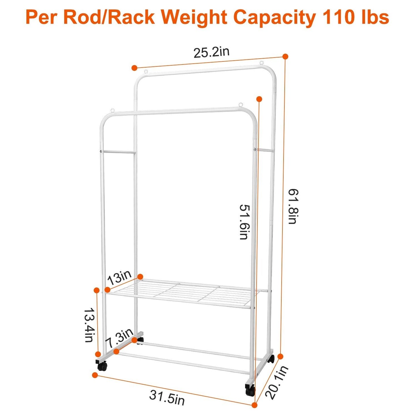 Garment Clothing Rack Double Rails Hanging Shelf Closet Storage w/Rolling Wheel