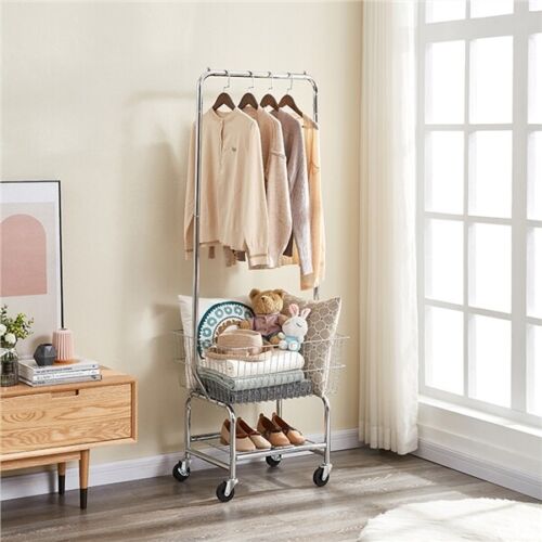 Rolling Laundry Cart On Wheels Organizer Storage Basket Pole Hanger Heavy Duty