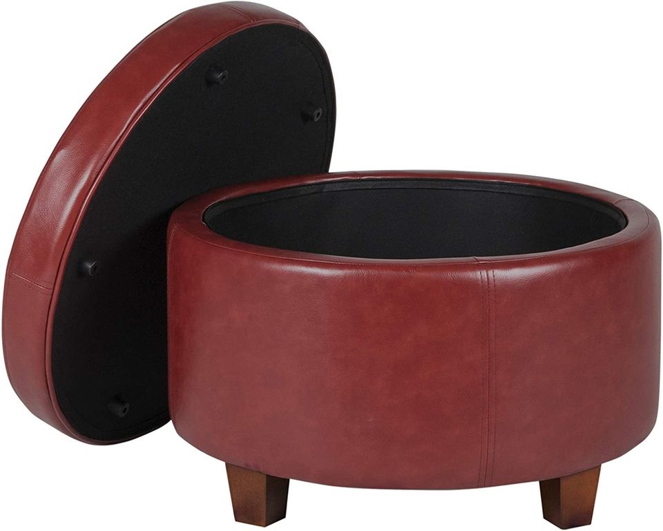 Round Leatherette Storage Ottoman with Lid, Cinnamon Red