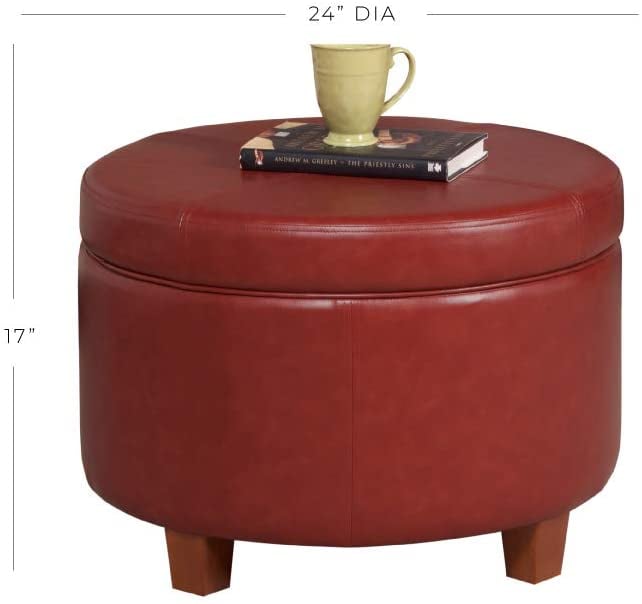 Round Leatherette Storage Ottoman with Lid, Cinnamon Red