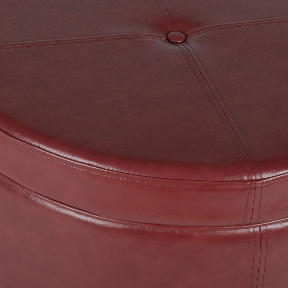 Round Leatherette Storage Ottoman with Lid, Cinnamon Red